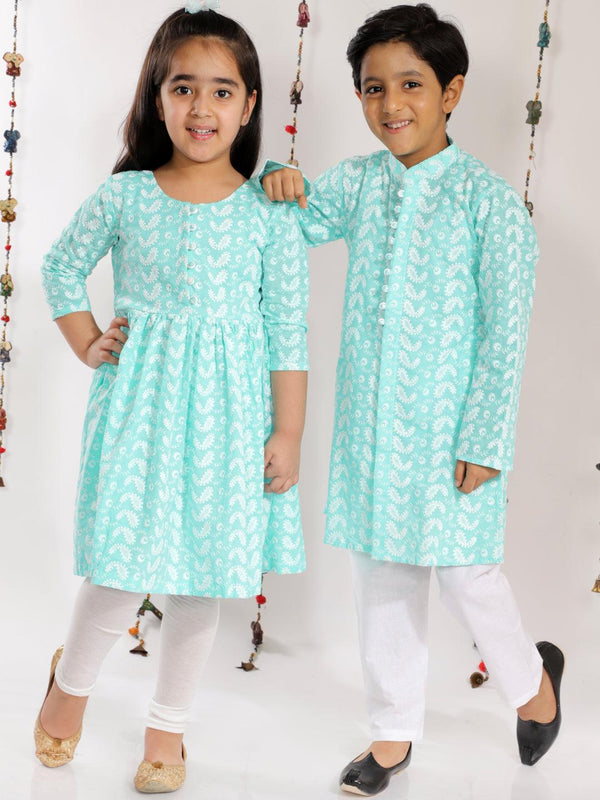Boy's Green And White Kurta Pyjama Set & Girl's Chikankari Cotton Kurta And Leggings Set - Vastramay - Indiakreations
