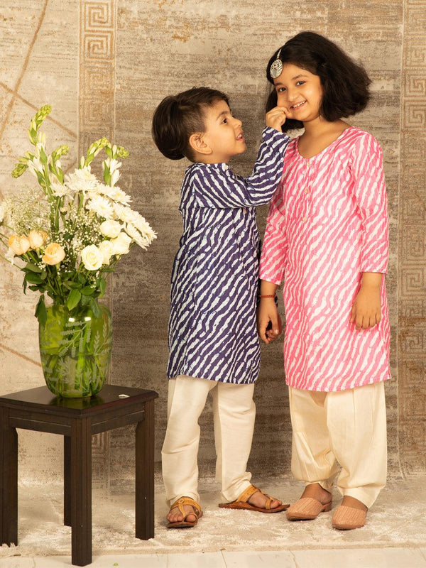 Boy's Blue And Cream Kurta Pyjama Set & Girl's Pink And White Kurta And Patiala Set - Vastramay - Indiakreations