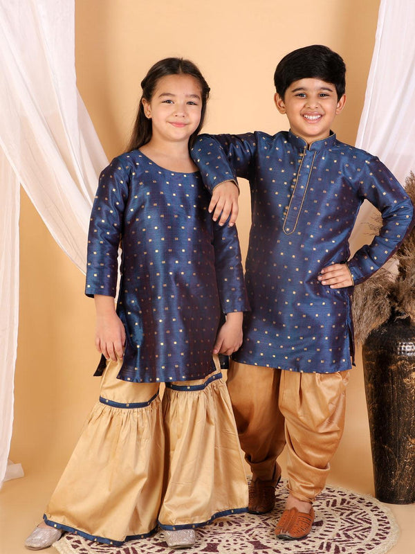 Boy's Persian Blue and Rose Gold Silk Blend Kurta and Dhoti Set & Girl's Jacquard Kurta With Sharara Set - Vastramay - Indiakreations
