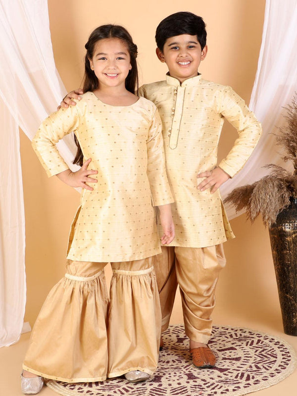 Boy's Gold Silk Blend Kurta and Dhoti Set & Girl's Jacquard Kurta With Sharara Set - Vastramay - Indiakreations