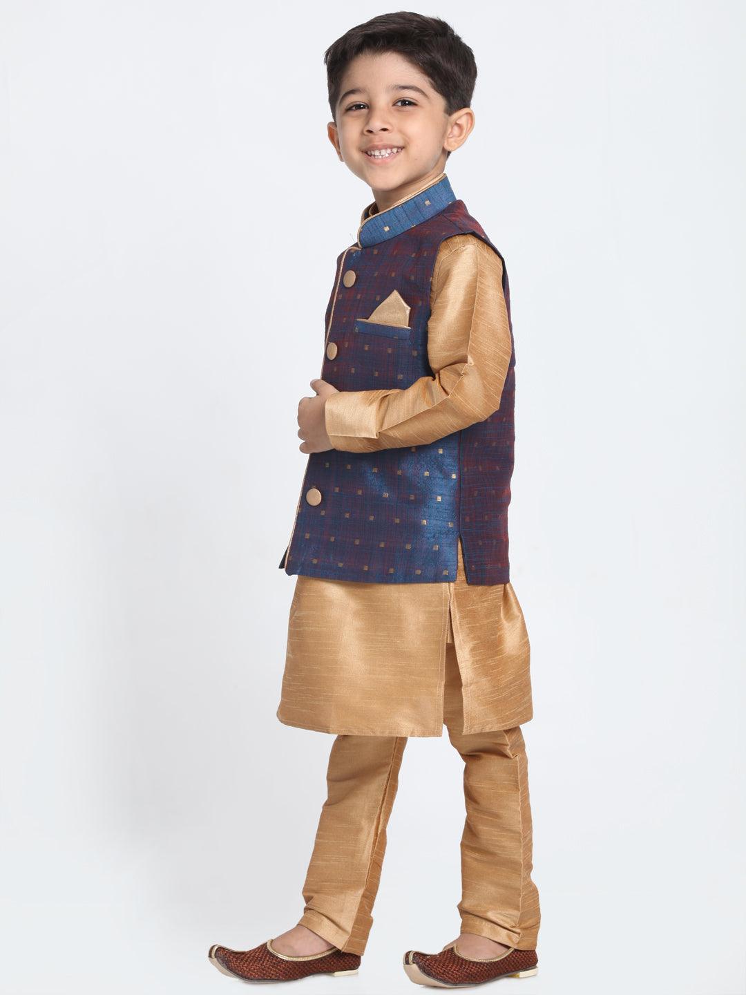 Boy's Rose Gold and Persian Blue Silk Blend Jacket, Kurta and Pyjama Set & Girl's Jacquard Kurta With Sharara Set - Vastramay - Indiakreations