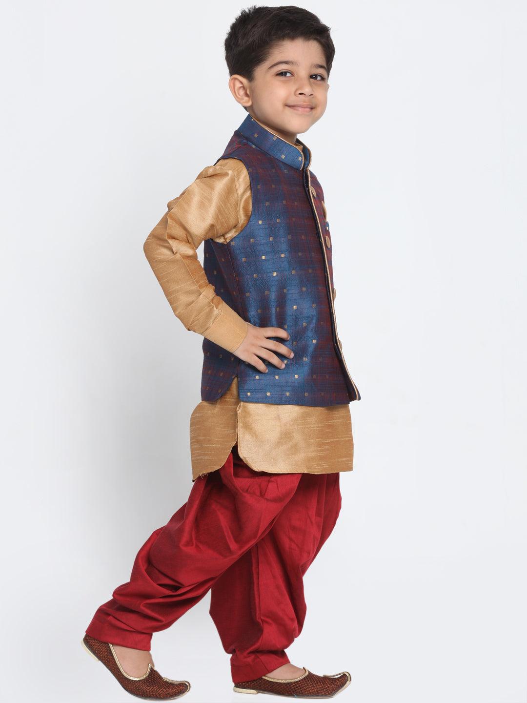 Boy's Rose Gold, Persian Blue and Maroon Silk Blend Jacket, Kurta and Dhoti Set & Girl's Jacquard Kurta With Sharara Set - Vastramay - Indiakreations