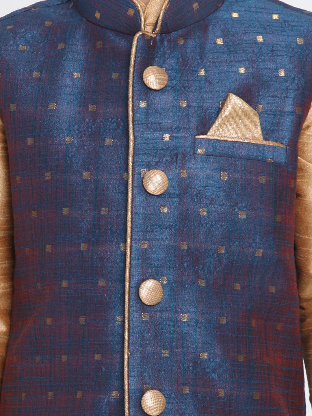 Boy's Rose Gold, Persian Blue and Maroon Silk Blend Jacket, Kurta and Dhoti Set & Girl's Jacquard Kurta With Sharara Set - Vastramay - Indiakreations