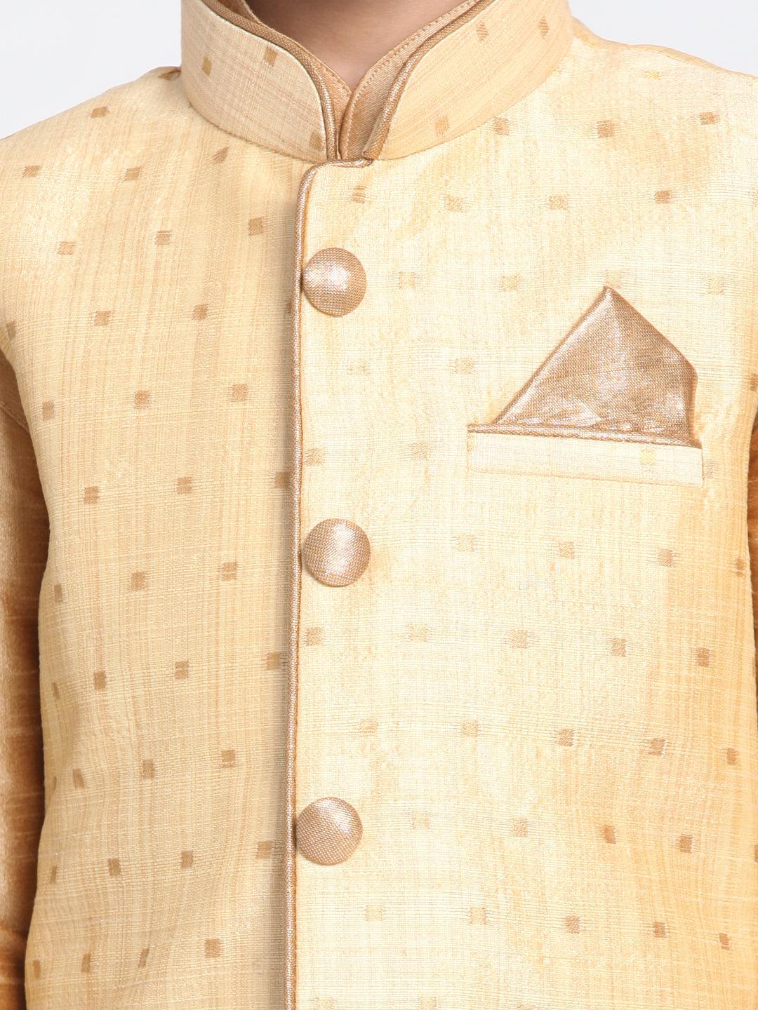 Boy's Rose Gold Silk Blend Jacket, Kurta and Pyjama Set & Girl's Jacquard Kurta With Sharara Set - Vastramay - Indiakreations