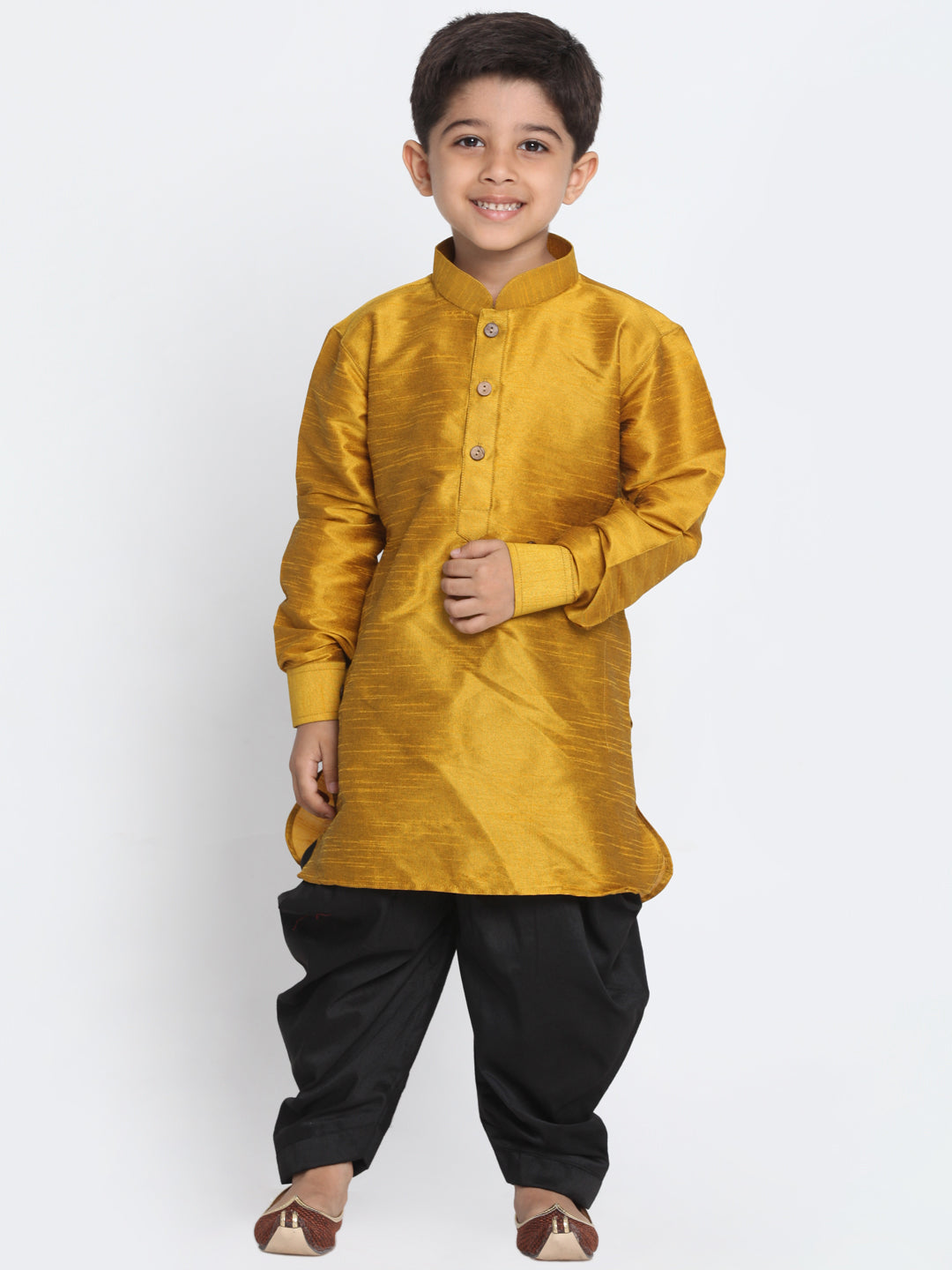 Boy's Mustard And Black Silk Blend Kurta And Dhoti Set - JBN Creation