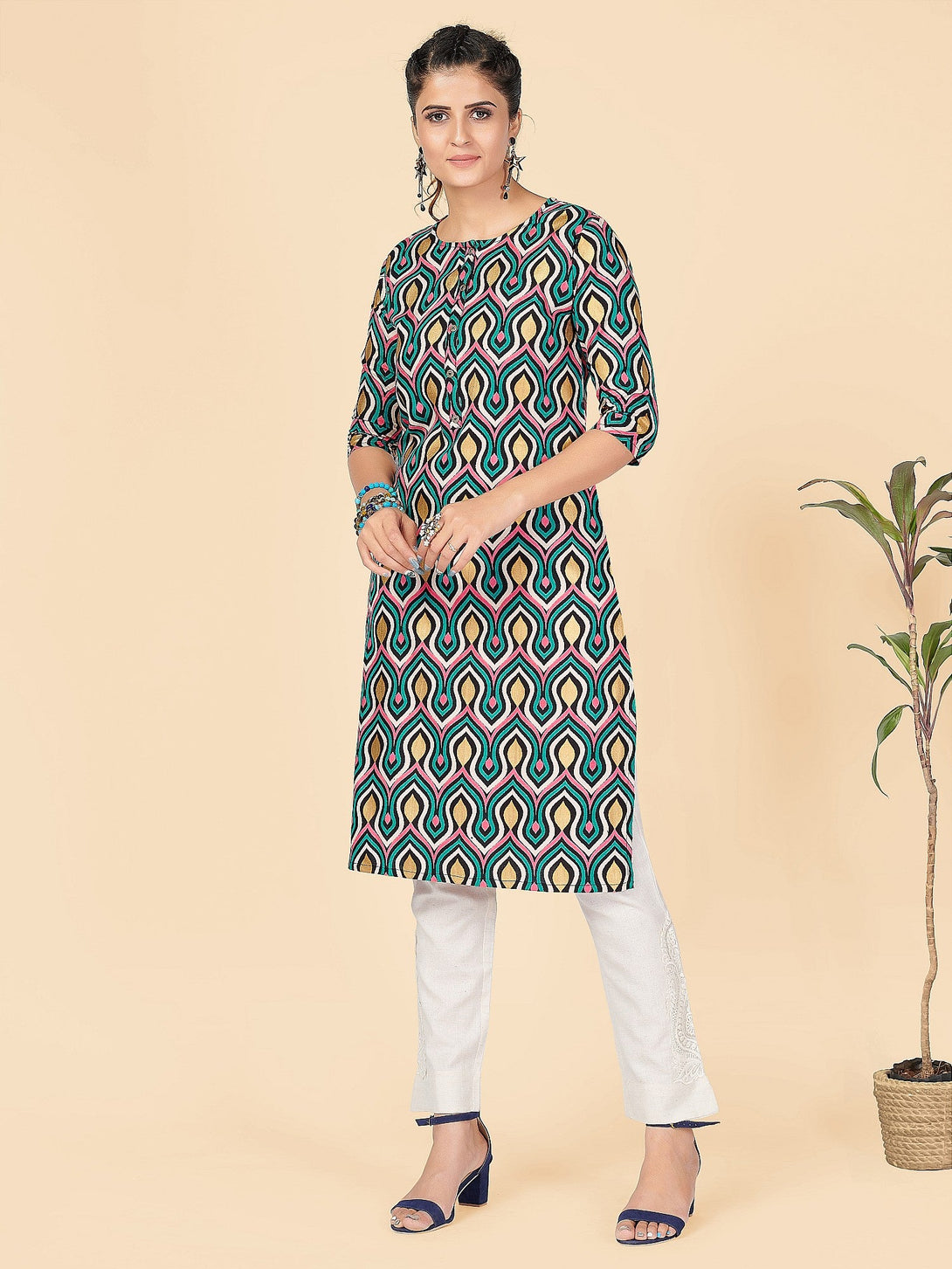 Women's Foil Print Straight Rayon Aqua Stitched Kurta - Vbuyz