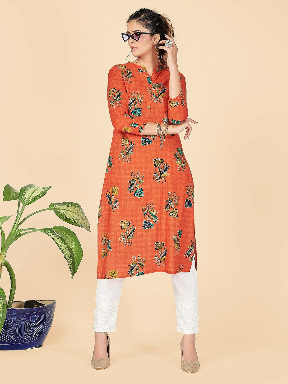 Women's Orange Rayon Kurta By Vbuyz (1Pc)