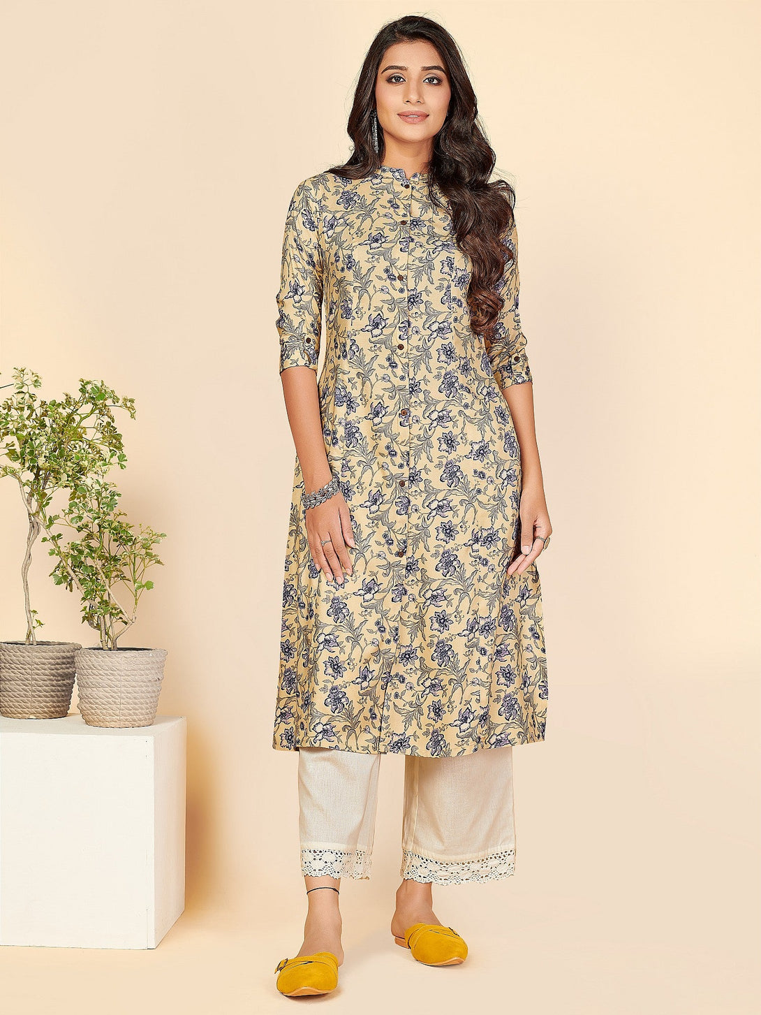 Women's Cream & Blue A-Line Kurta By Vbuyz- (1Pc Set)