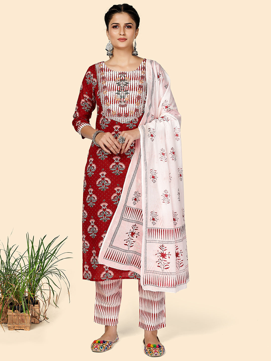 Women's Printed & Embroidered Straight Cotton Red Stitched Kurta Pant With Dupatta - Vbuyz