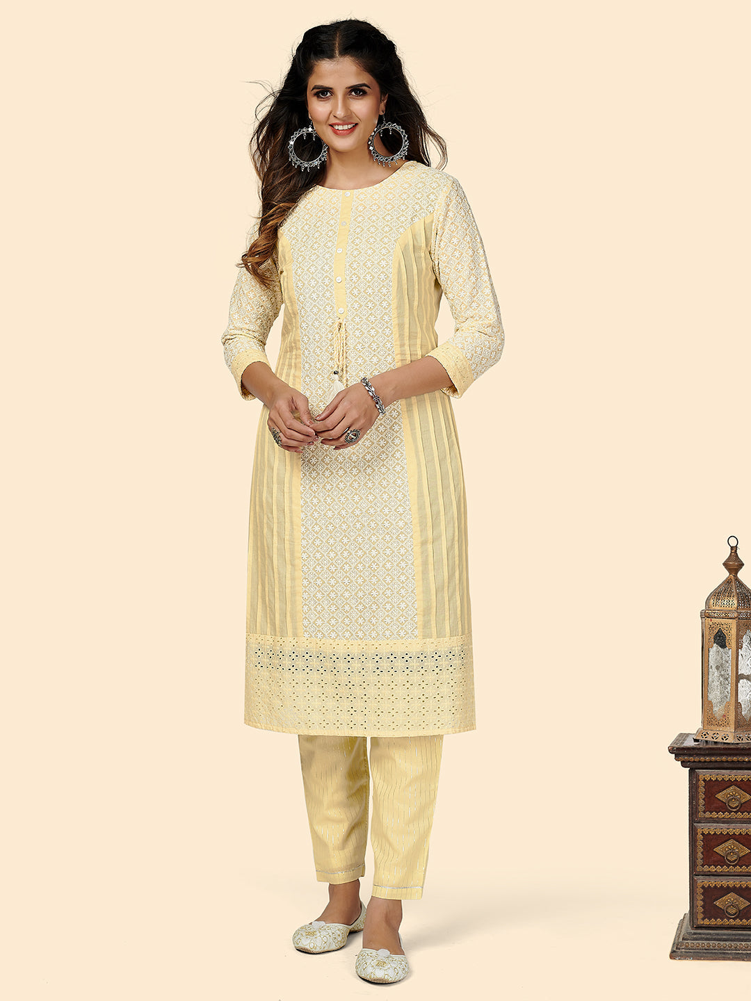 Women's Yellow Chikankari Kurta With Pant By Vbuyz- (2Pcs Set)