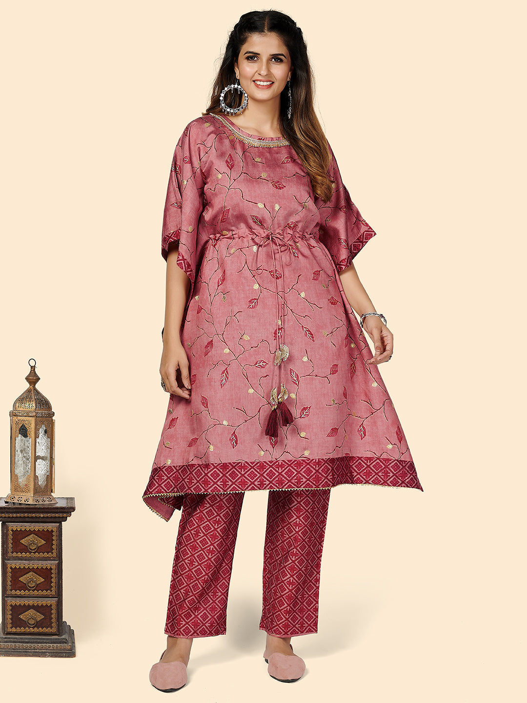 Women's Printed & Gota Patti Work Muslin Rust Stitched Kaftan Kurta With Pant - Vbuyz