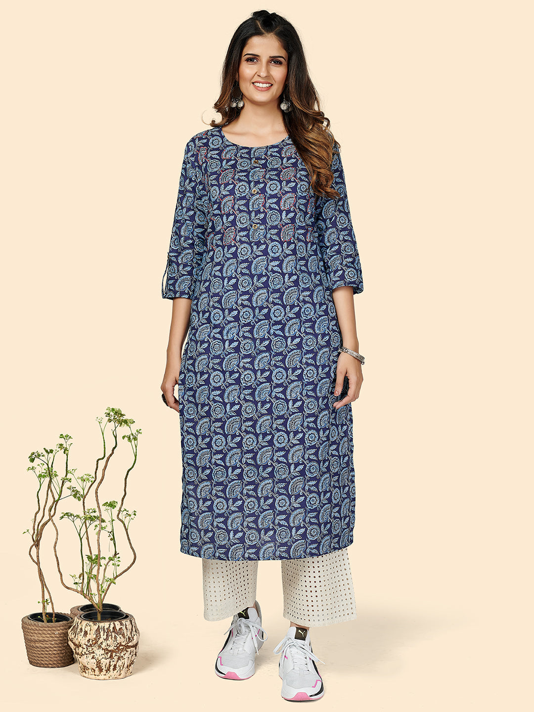 Women's Blue Cotton Kurta By Vbuyz- (1Pc Set)