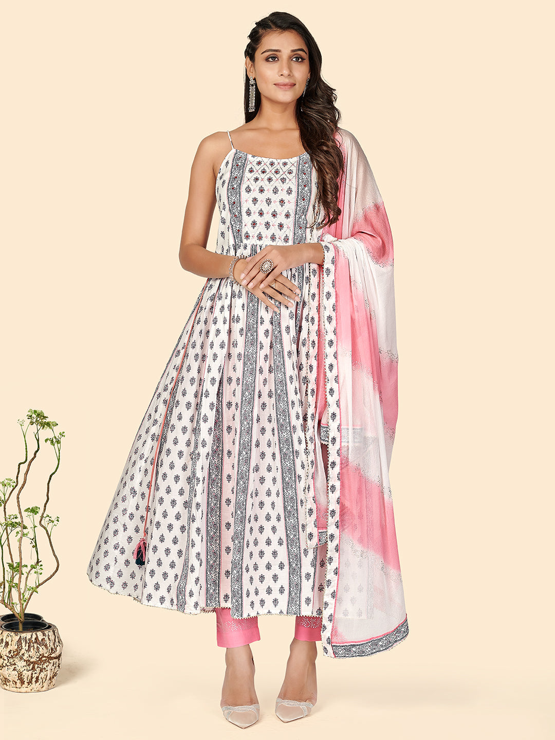 Women's Print & Mirror Anarkali Cotton White Stitched Kurta Pant With Dupatta - Vbuyz