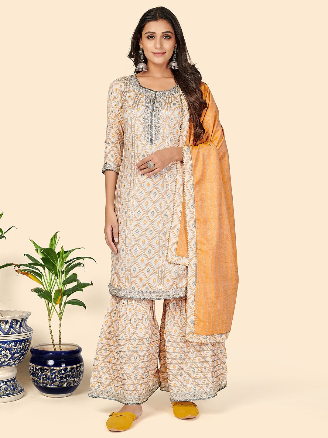 Women's Print & Gota Patti Straight Muslin Yellow Stitched Kurta Sharara With Dupatta - Vbuyz