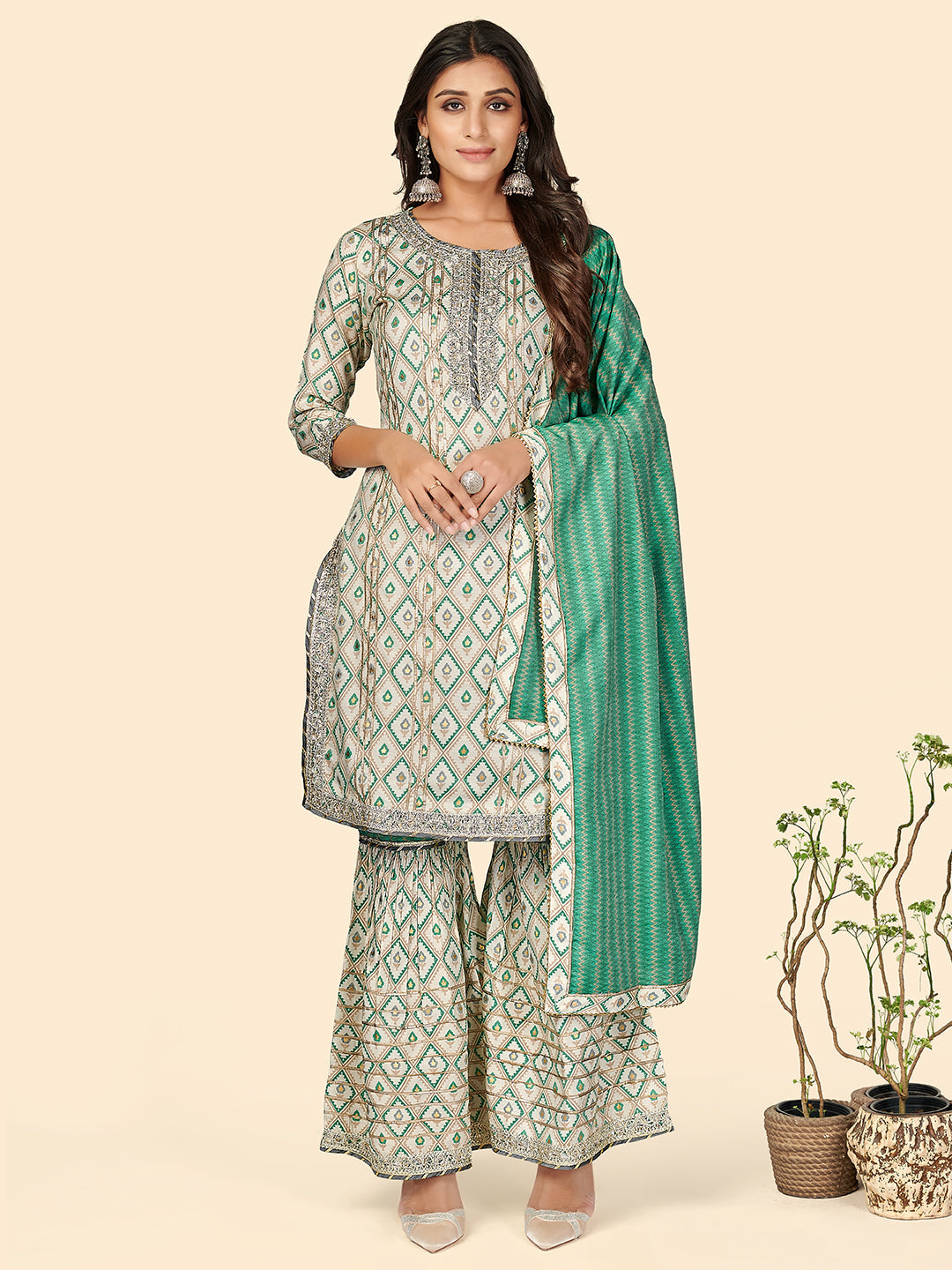 Women's Muslin Turquoise Kurta Sharara With Dupatta By Vbuyz- (3Pcs Set)