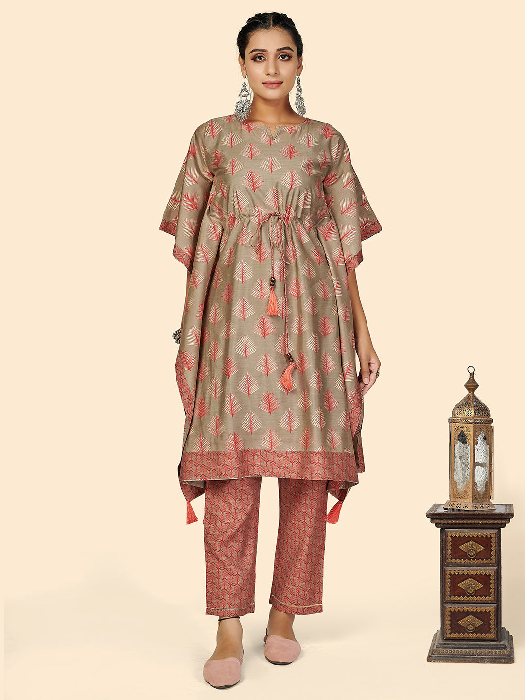 Women's Foil Print  Muslin Olive Green Stitched Kaftan Kurta With Pant Set - Vbuyz