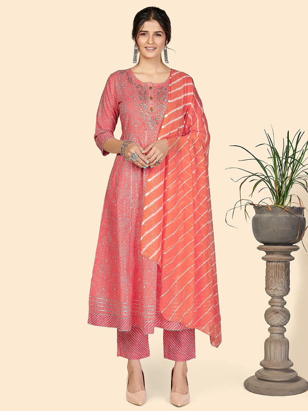 Women's Pink Printed Anarkali Kurta With Palazzo & Dupatta By Vbuyz (3 Pc Set)