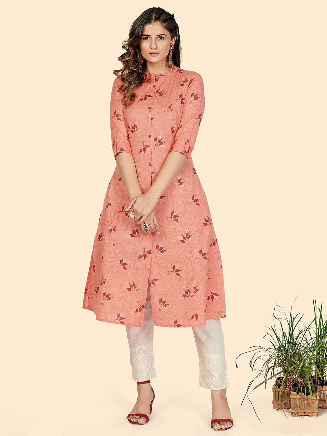 Women's Foil Print A-Line Cotton Peach Stitched Kurta - Vbuyz