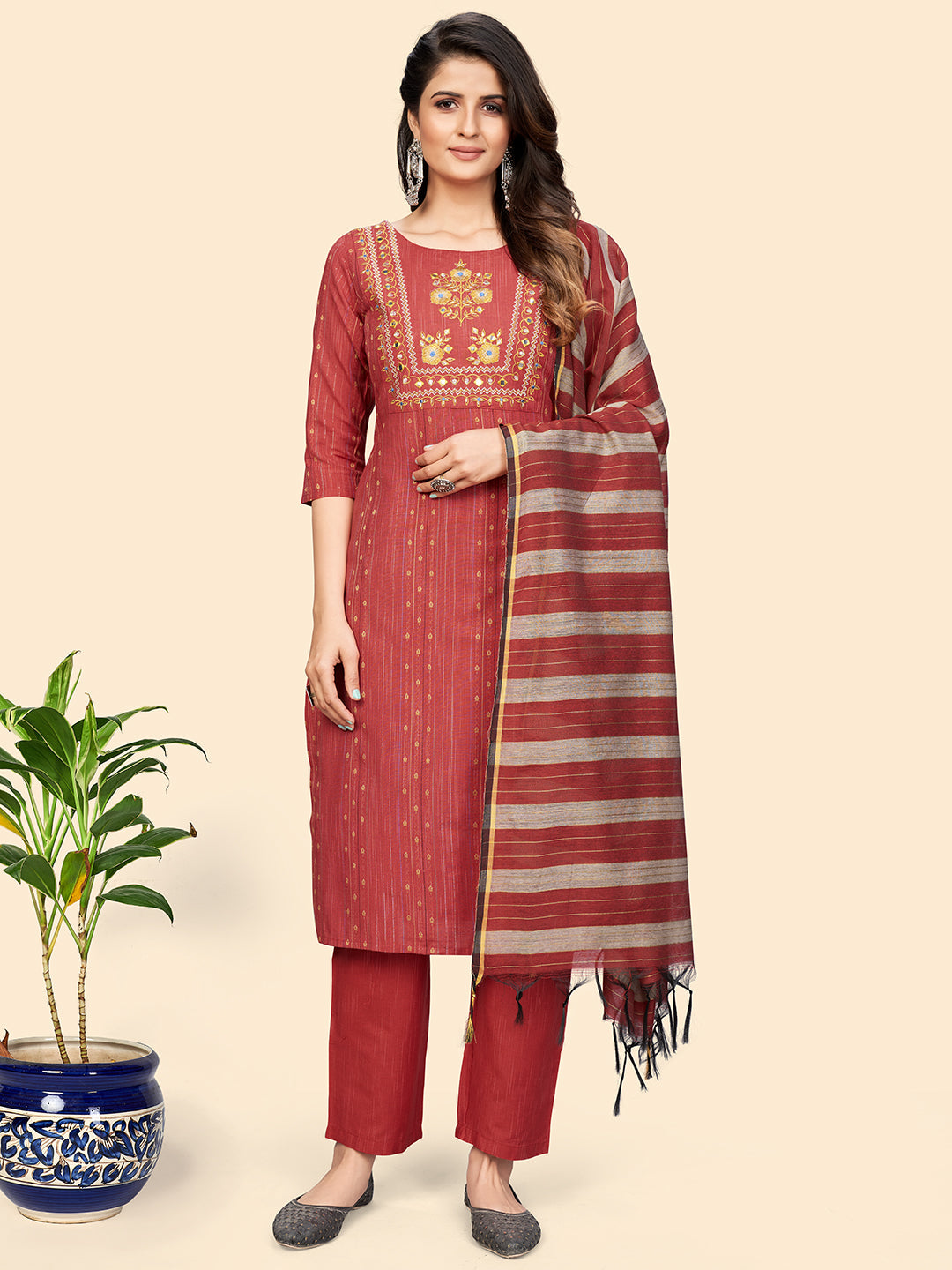 Women's Print & Embroidered Straight Cotton Coral Stitched Kurta Pant With Dupatta - Vbuyz