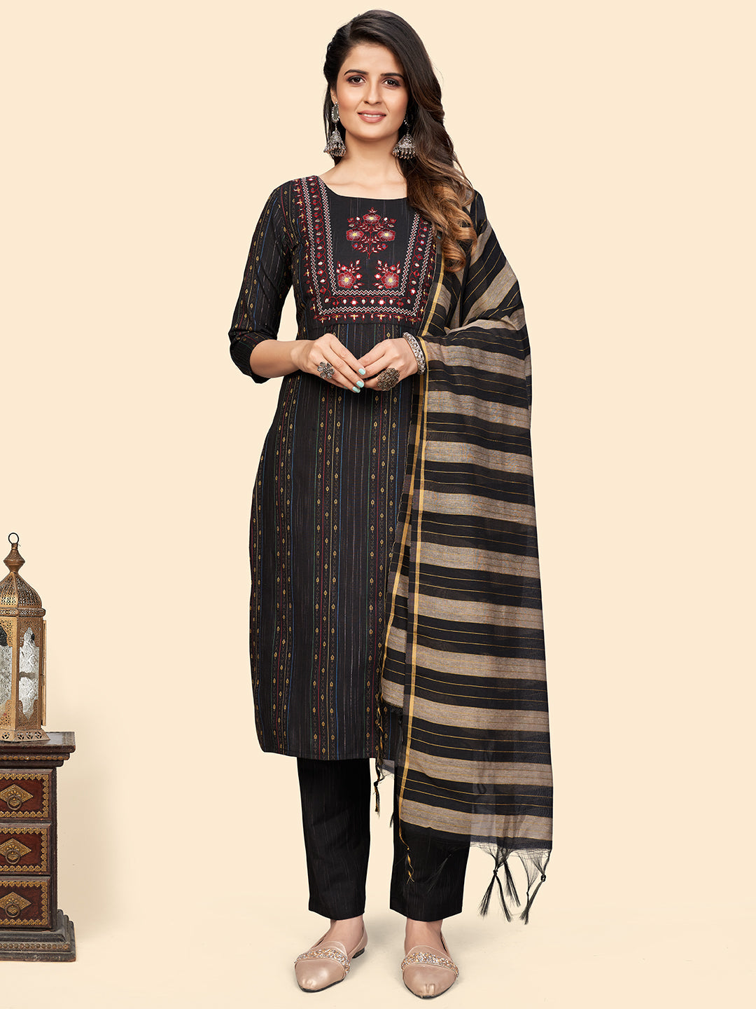 Women's Print & Embroidered Straight Cotton Black Stitched Kurta Pant With Dupatta - Vbuyz