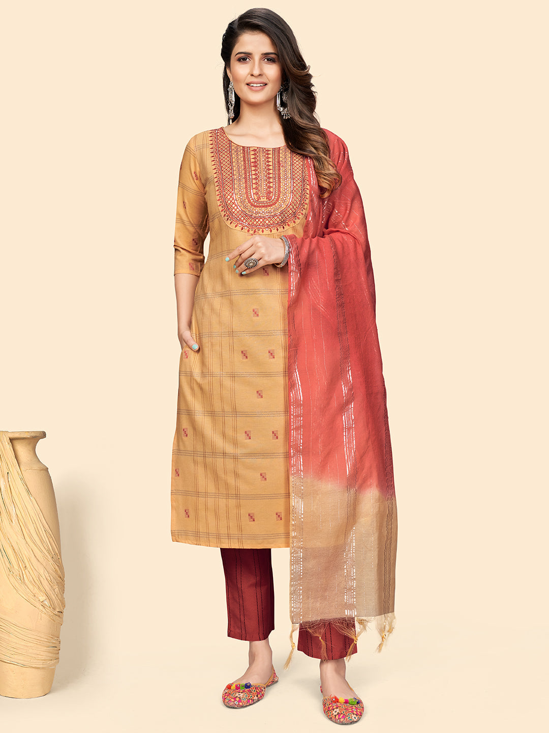 Women's Embroidered & Sequience Straight Cotton Yellow Stitched Kurta Pant With Dupatta - Vbuyz