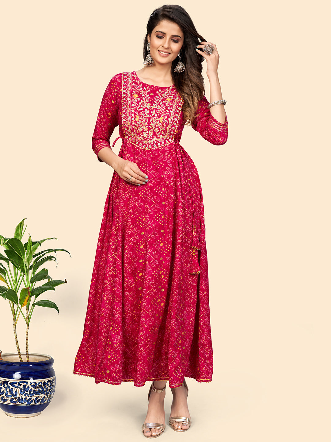 Women's Printed & Embroidered Anarkali Rayon Pink Stitched Kurta - Vbuyz