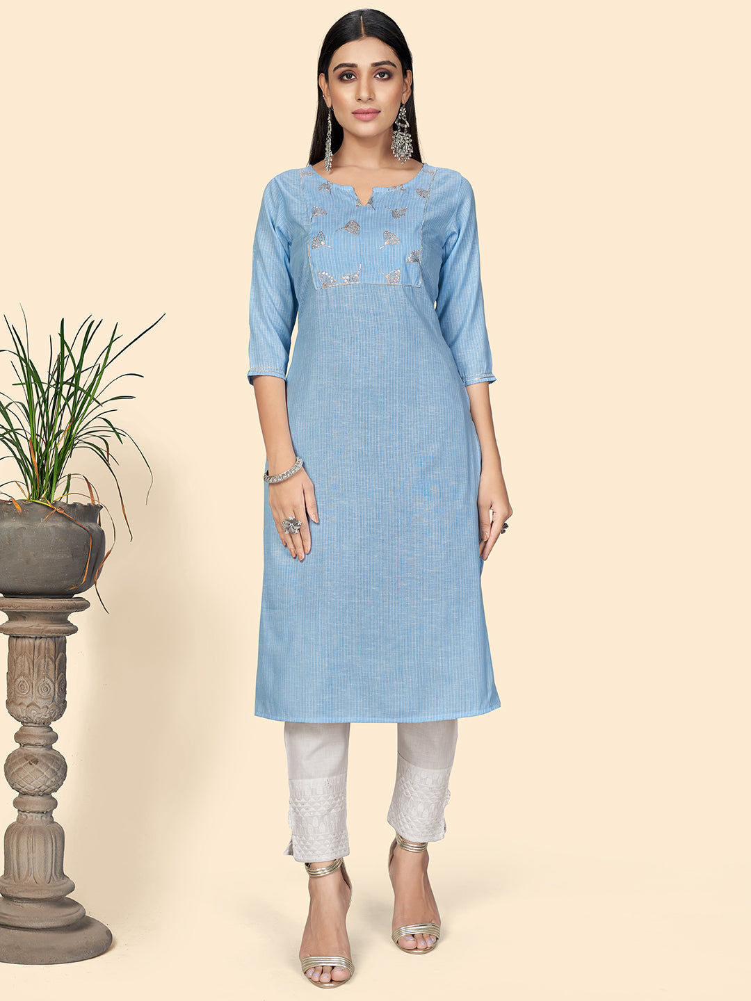 Women's Sky Blue Cotton Kurta By Vbuyz (1Pc)