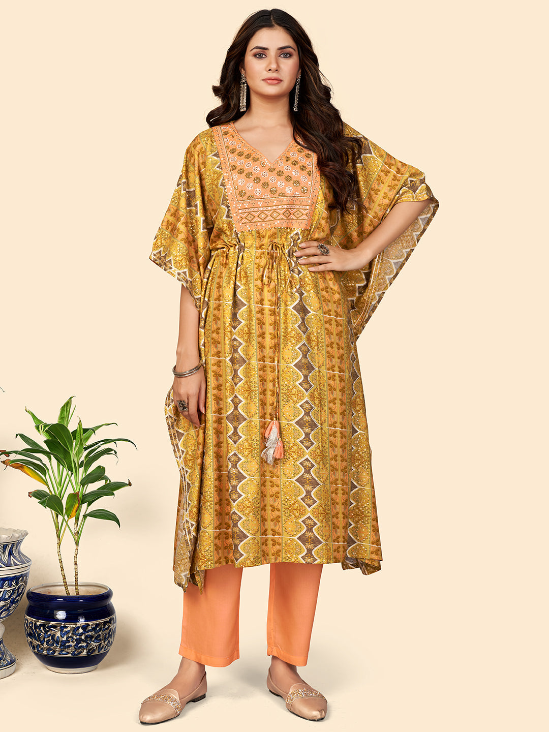 Women's Yellow Rayon Kaftan Kurta With Pant By Vbuyz (2Pcs Set)