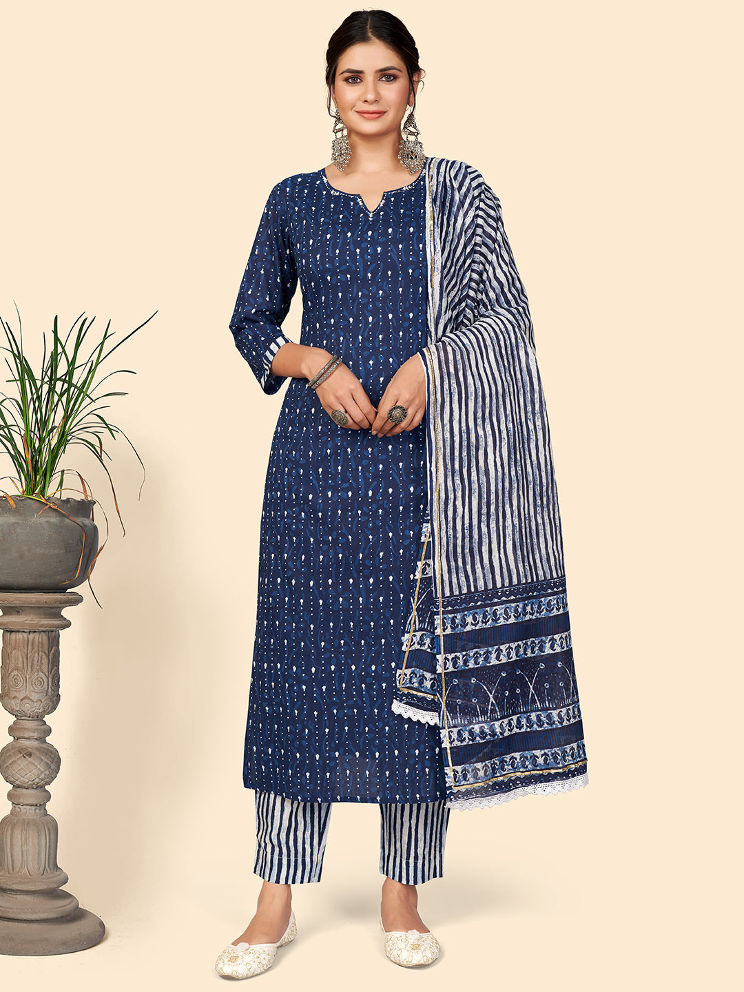 Women's Blue Cotton Kurta With Pant & Dupatta By Vbuyz (3Pcs Set)