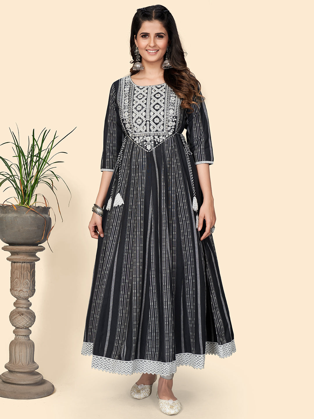 Women's Print & Embroidered Anarkali Cotton Black Stitched Kurta - Vbuyz