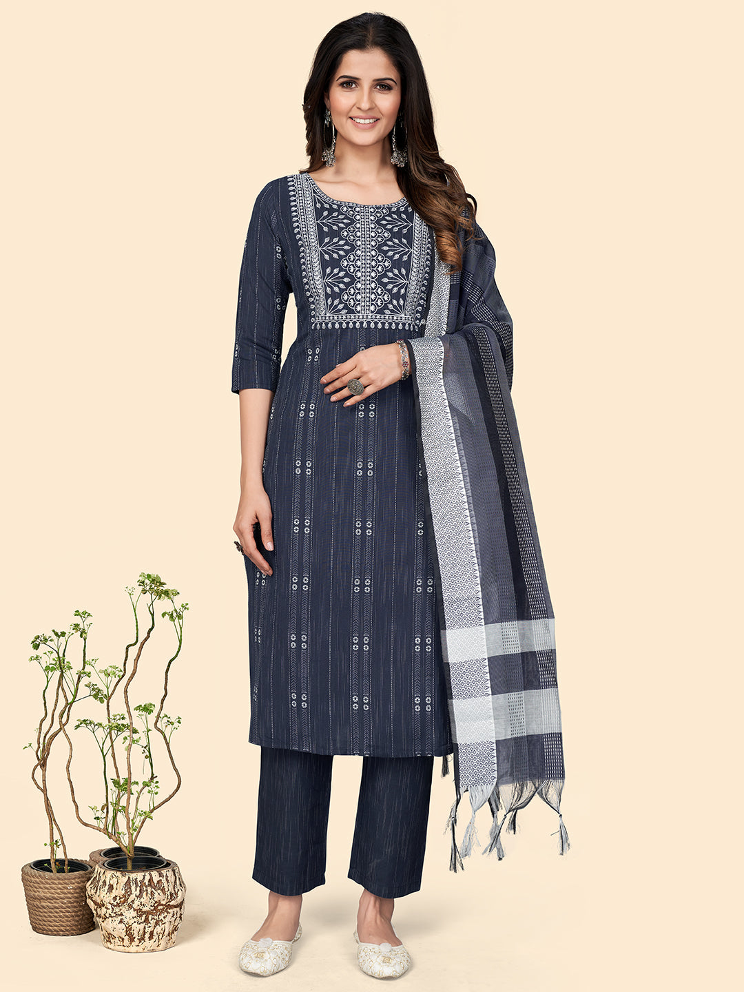 Women's Print & Embroidered Straight Cotton Navy Blue Stitched Kurta Pant With Dupatta - Vbuyz