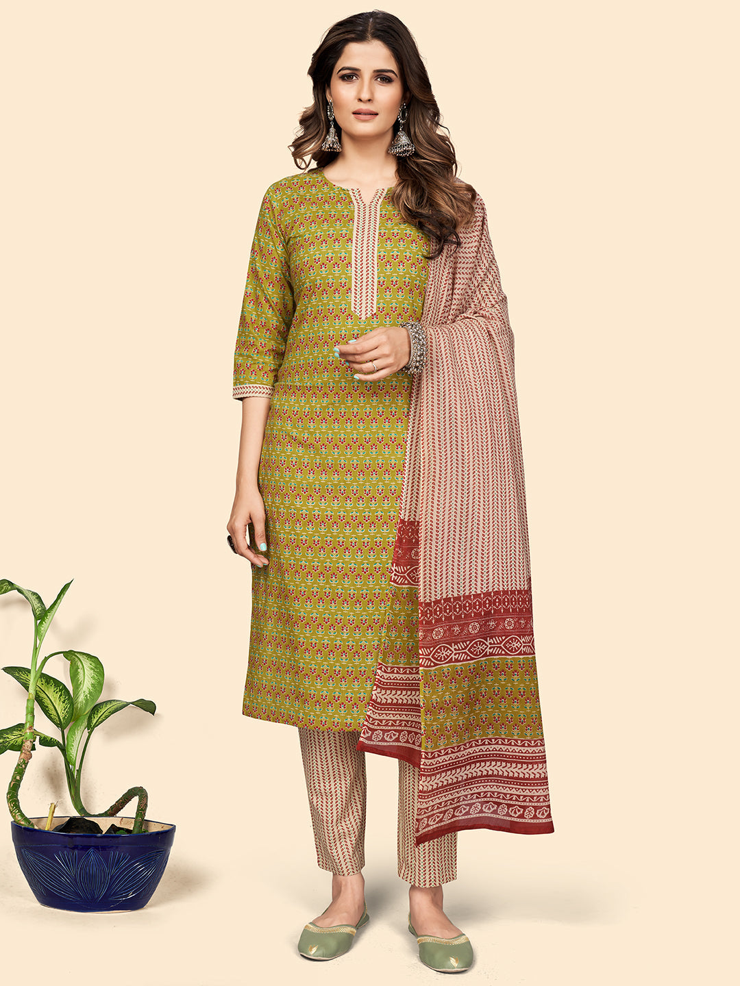 Women's Green Cotton Kurta With Pant & Dupatta By Vbuyz (3Pcs Set)