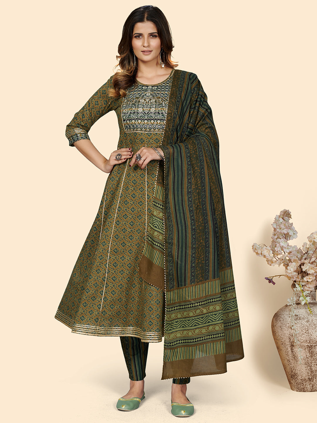 Women's Mehndi Green Embroidered Anarkali Kurta & Pant With Dupatta By Vbuyz- (3Pcs Set)