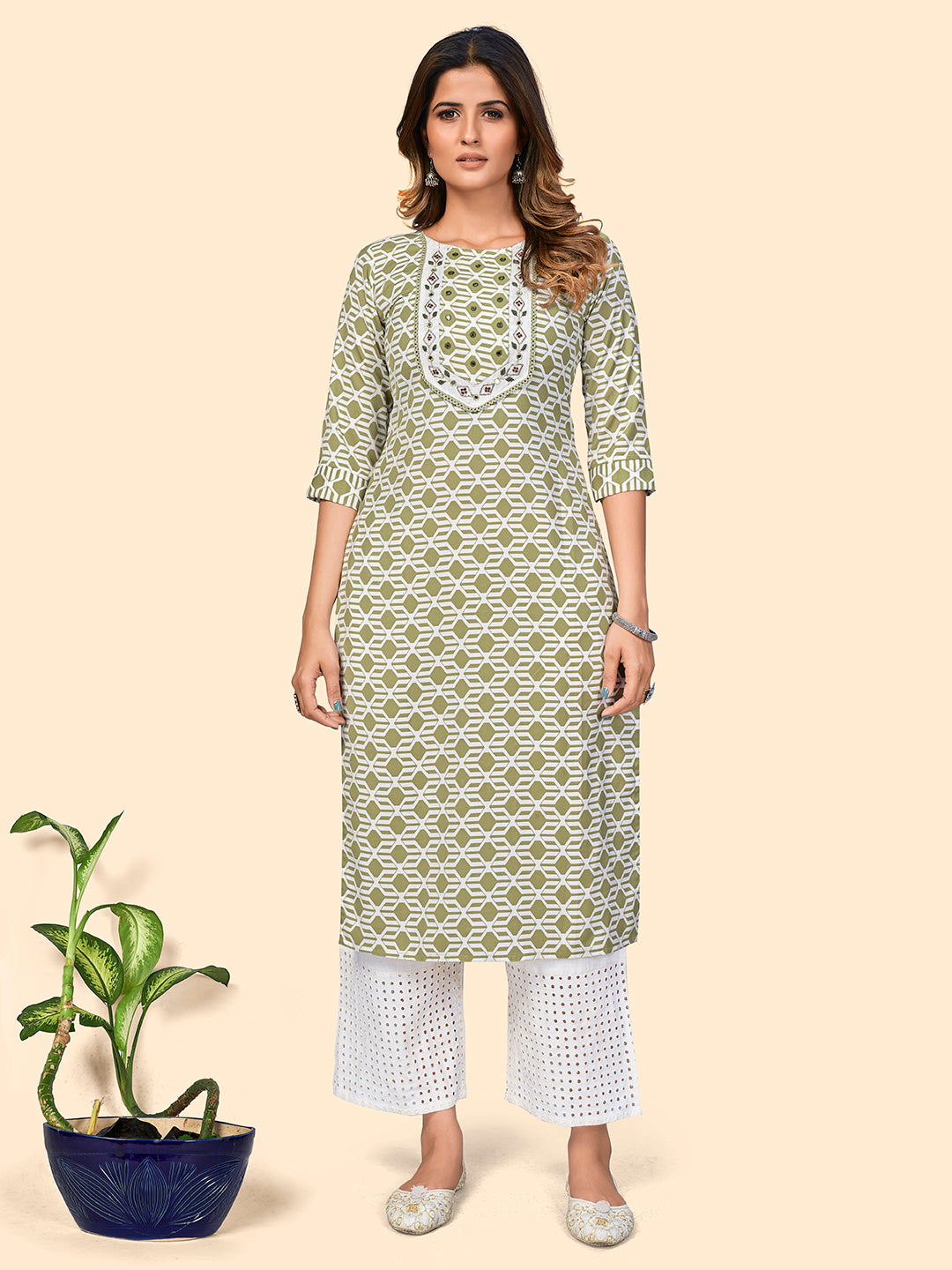 Women's Print & Mirror Work Straight Viscose Pista Stitched Kurta - Vbuyz