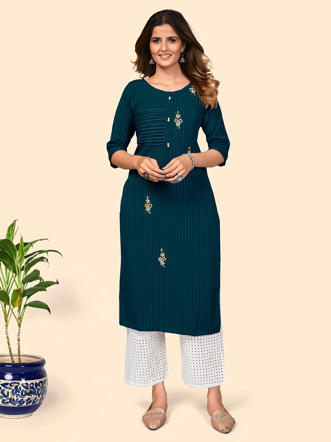 Women's Print & Hand Work Straight Viscose Dark Aqua Stitched Kurta - Vbuyz