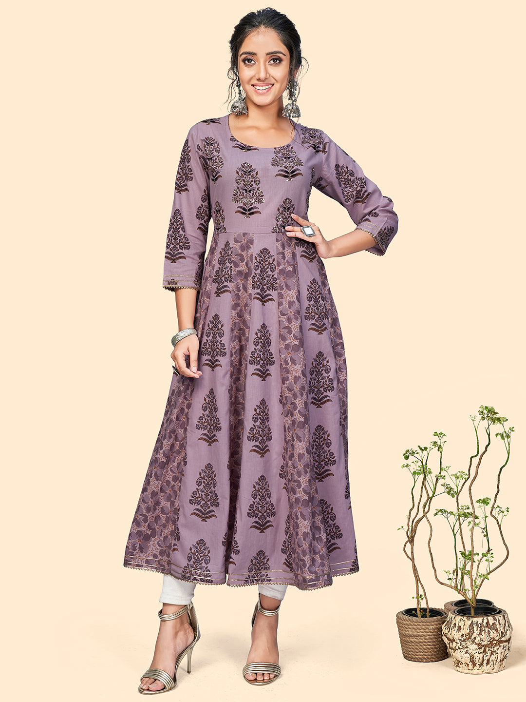 Women's Cotton Printed & Sequience Anarkali Stitched Kurta - Vbuyz