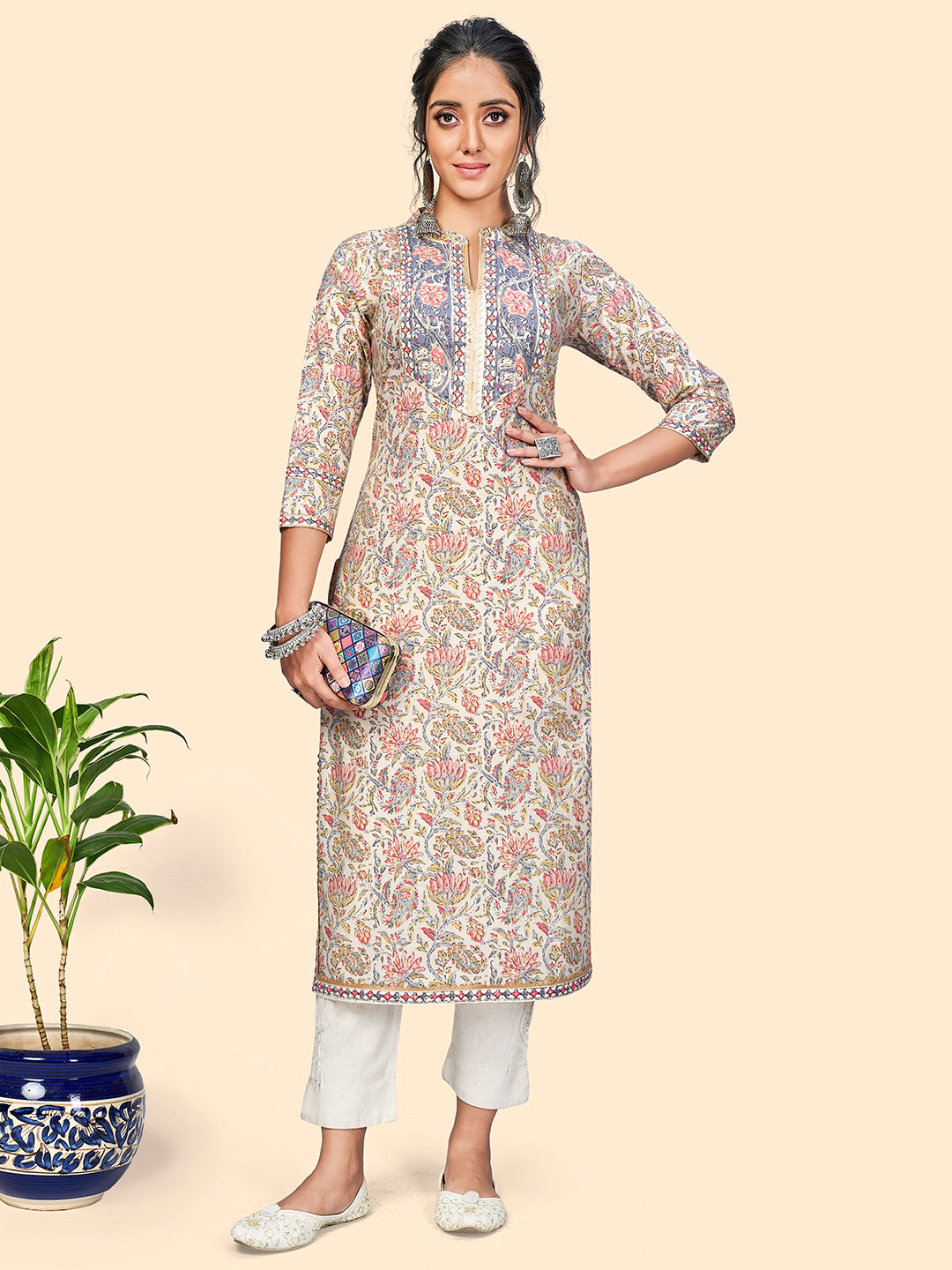 Women's Cotton Printed & Gota Patti Straight Stitched Kurt - Vbuyz