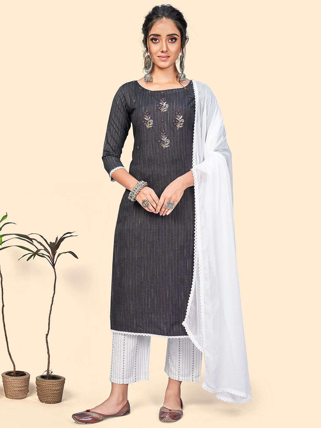 Women's Cotton Blend Embroidered Straight Stitched Kurta Pant With Dupatta - Vbuyz