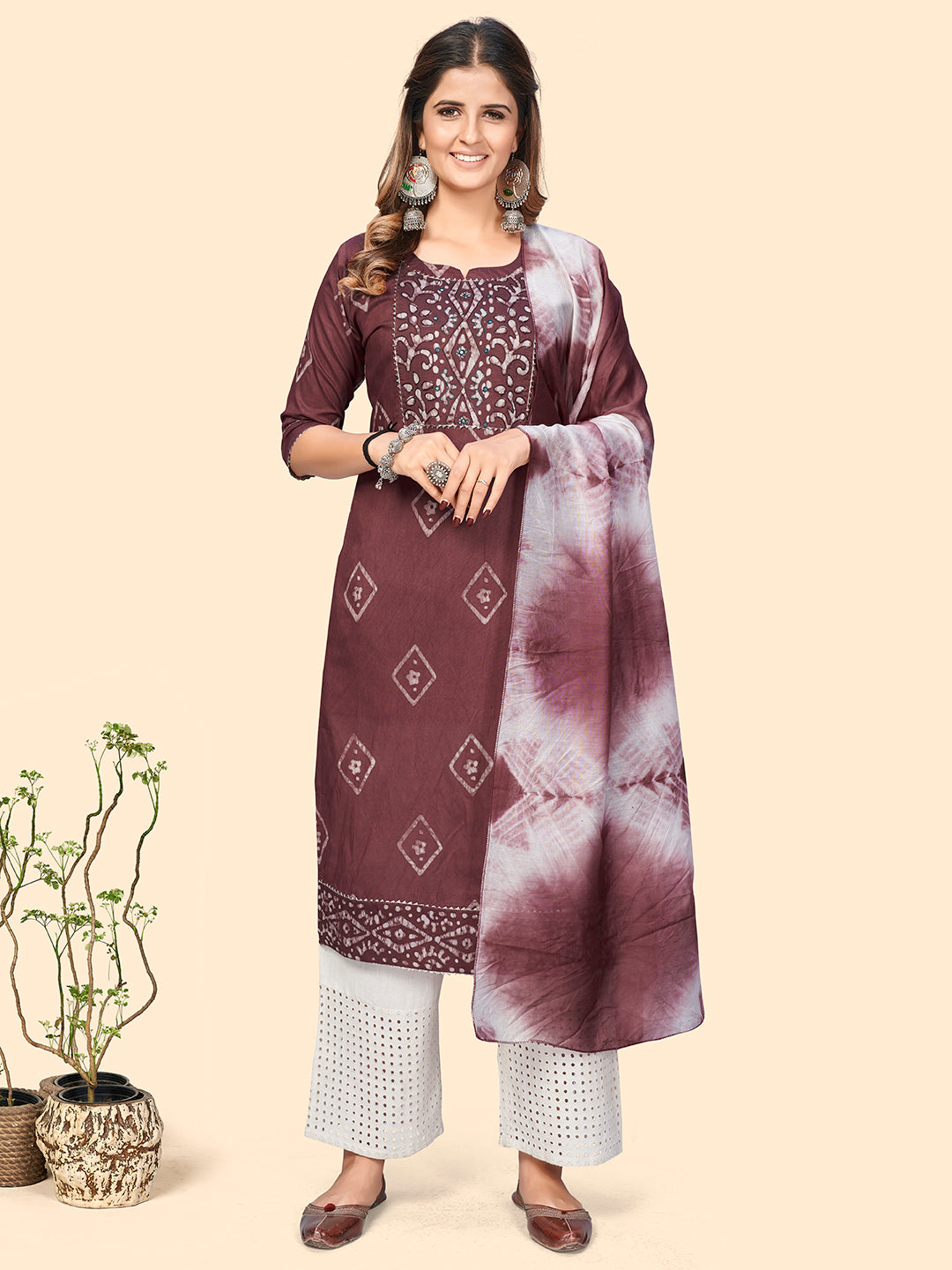 Women's Batik Print & Mirror Straight Chanderi Pink Stitched Kurta With Dupatta - Vbuyz