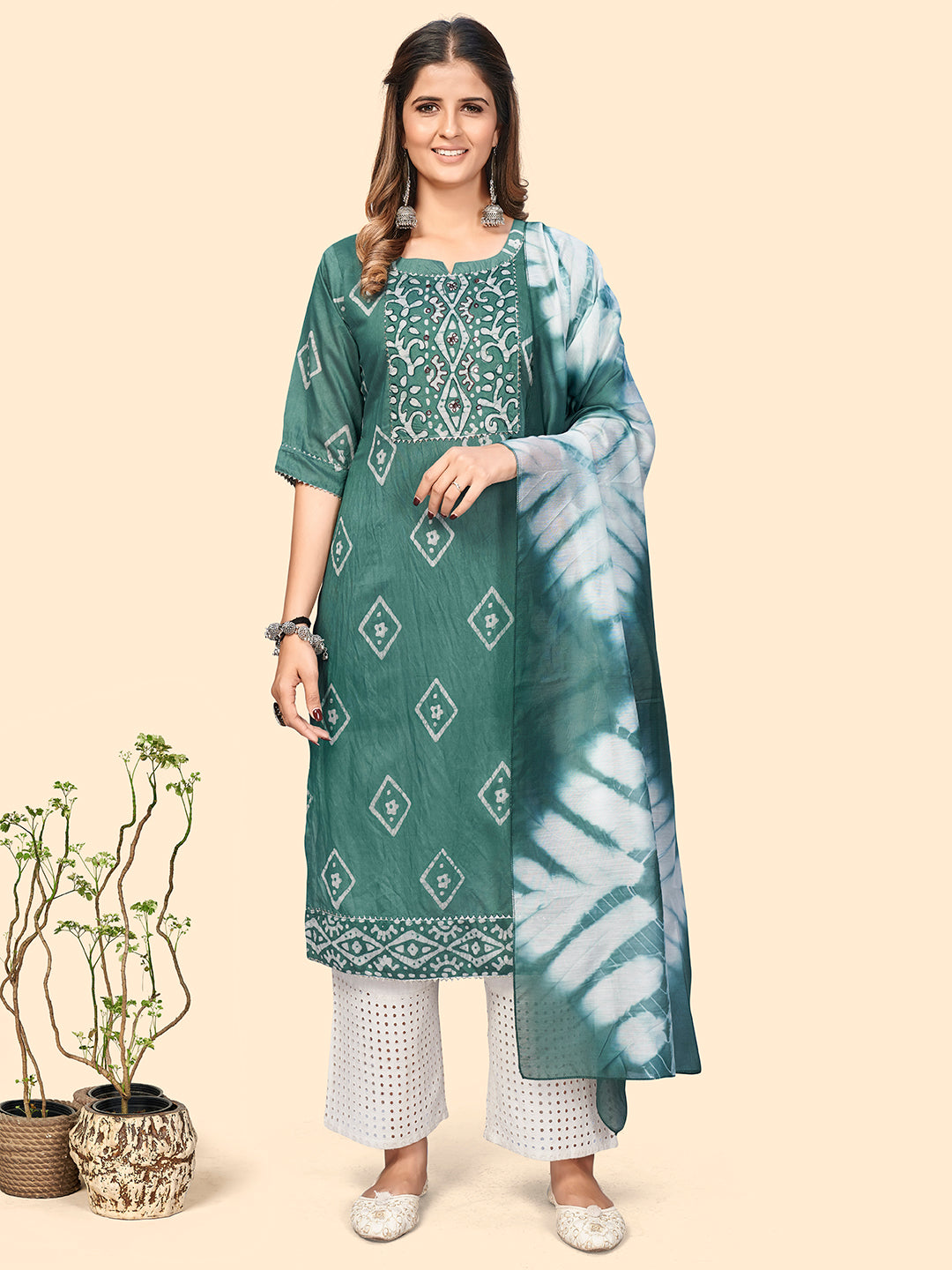 Women's Batik Print & Mirror Straight Chanderi Turquoise Stitched Kurta With Dupatta - Vbuyz