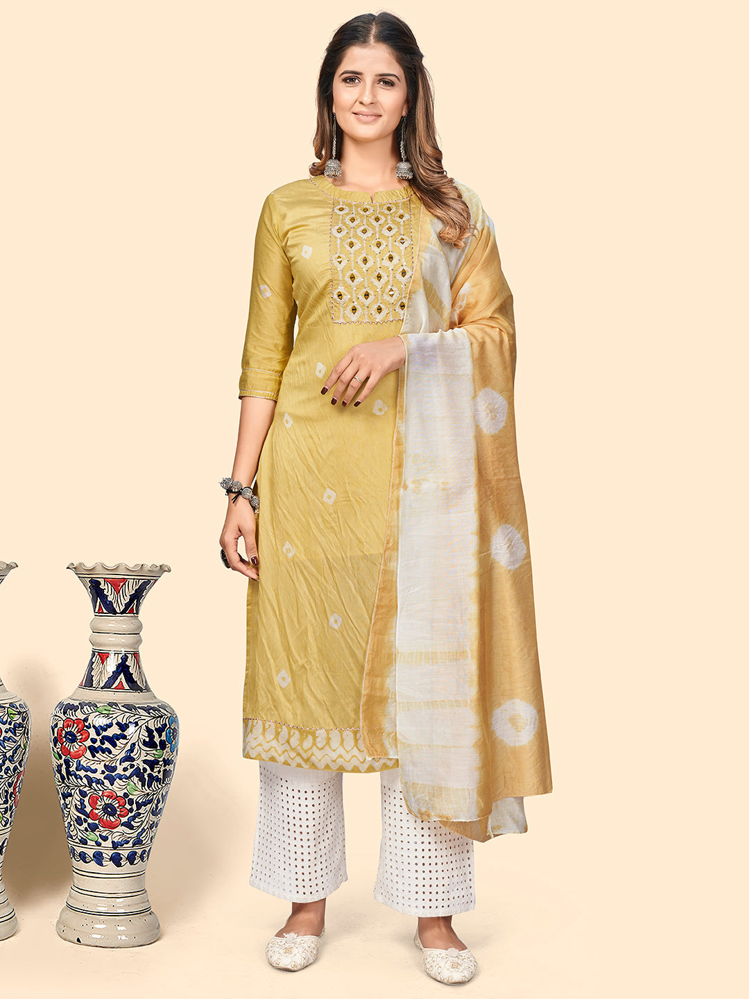 Women's Batik Print & Mirror Straight Chanderi Yellow Stitched Kurta With Dupatta - Vbuyz