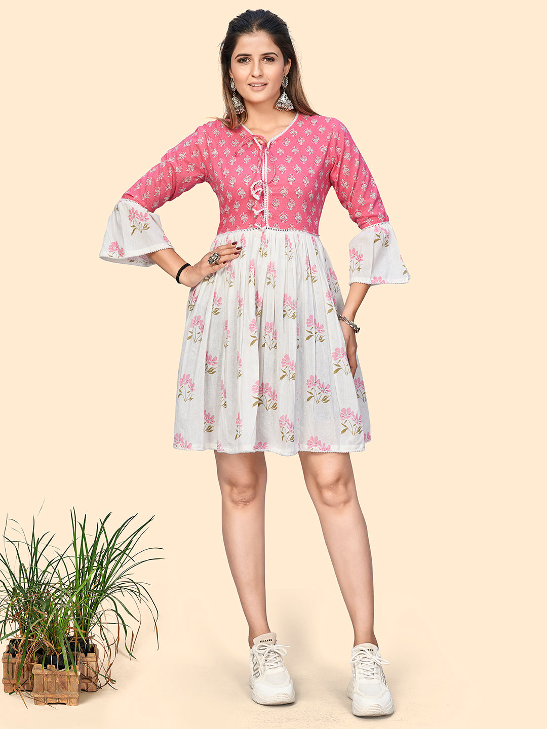 Women's Floral Print A-Line Cotton Pink & White Stitched Dress - Vbuyz