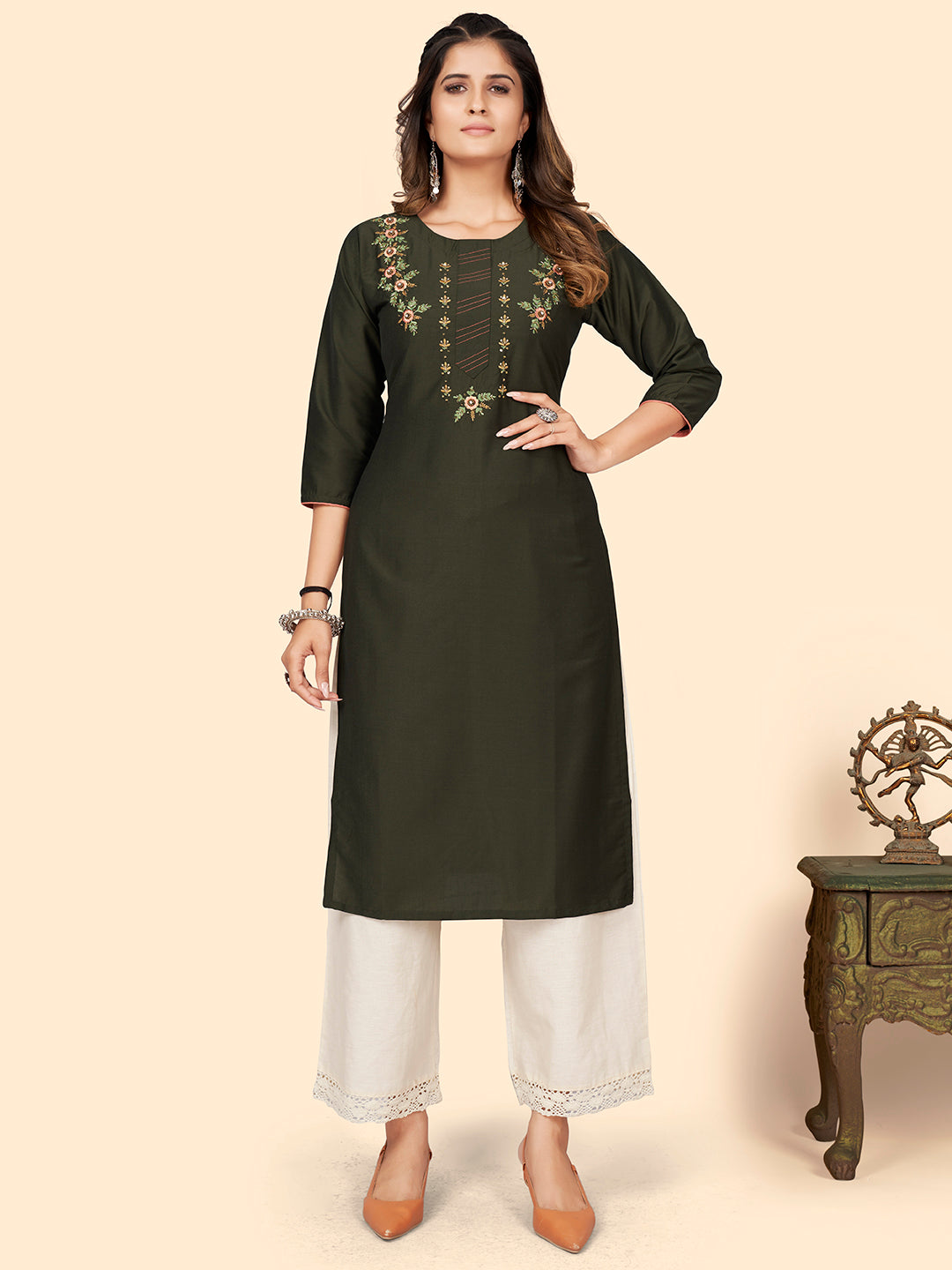 Women's Hand Work Straight Chinon Sea Green Stitched Kurta - Vbuyz