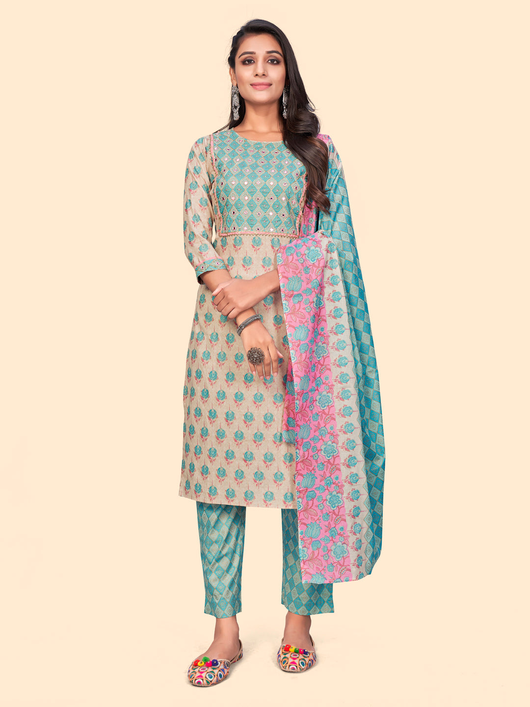 Women's Print & Embroidered Straight Cotton Peach Stitched Kurta Pant With Dupatta - Vbuyz