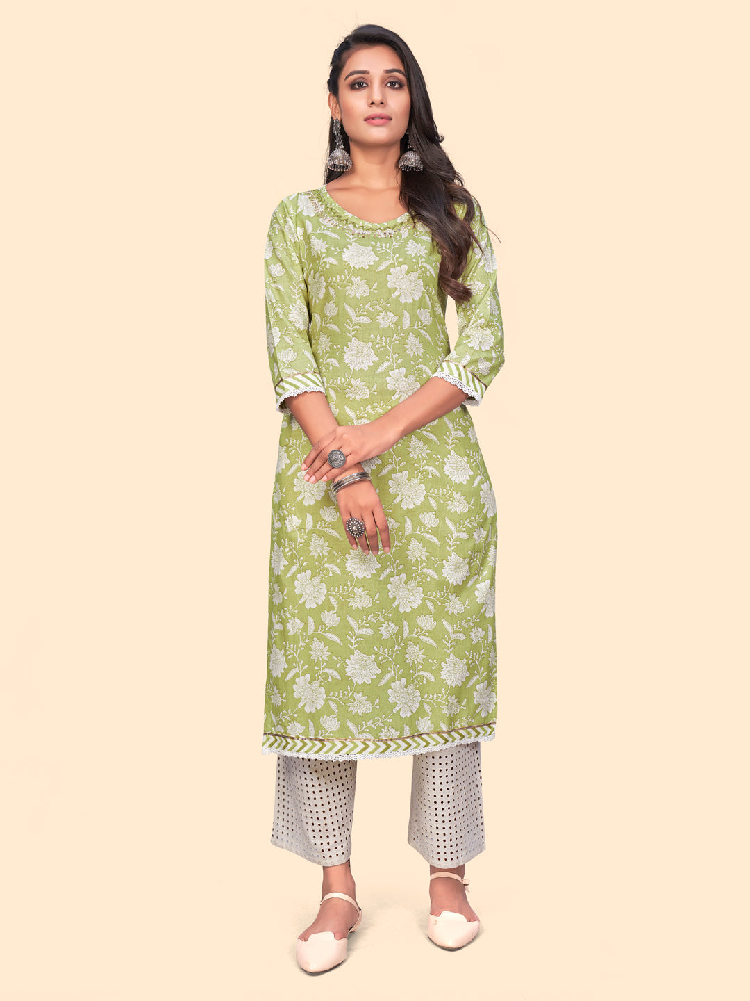 Women's Floral Print Straight Cotton Green Stitched Kurta - Vbuyz