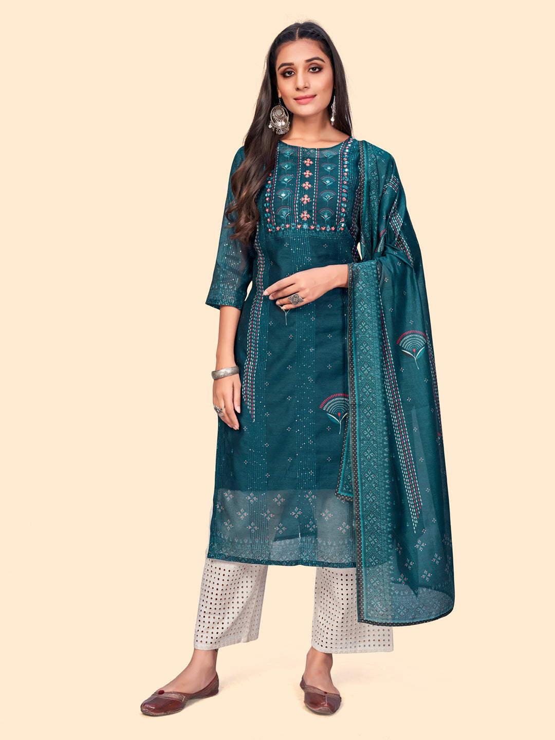 Women's Sequience & Embroidered Straight Chanderi Teal Blue Stitched Kurta With Dupatta - Vbuyz