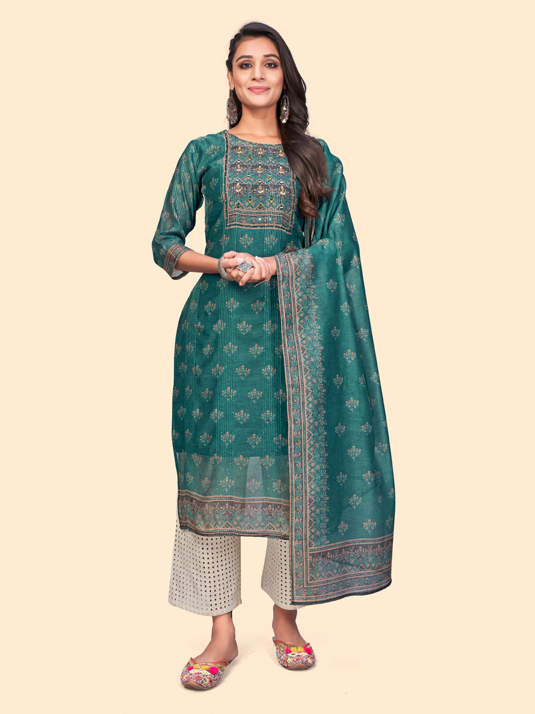 Women's Sequience & Embroidered Straight Chanderi Teal Green Stitched Kurta With Dupatta - Vbuyz