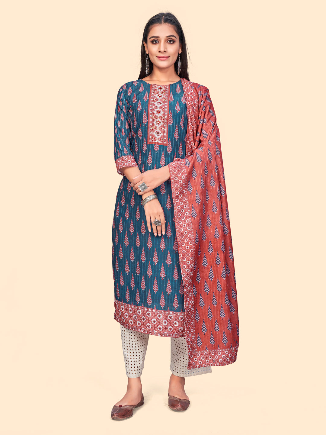 Women's Print & Sequience Straight Musline Blue Stitched Kurta With Dupatta - Vbuyz