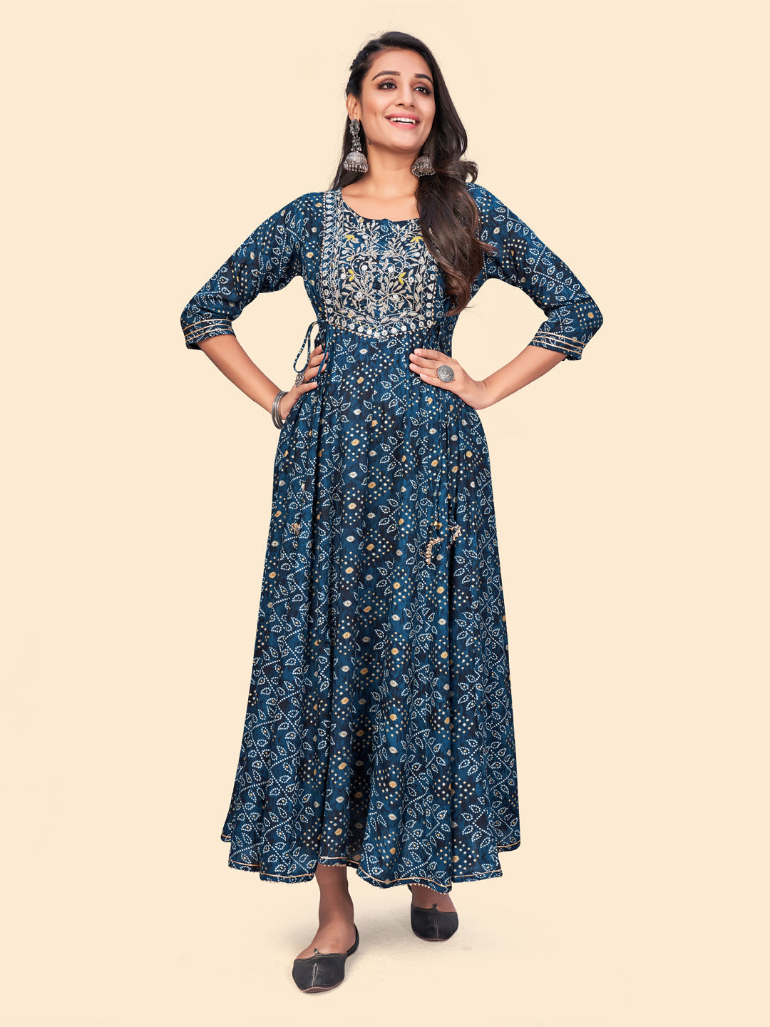 Women's Printed & Embroidered Anarkali Rayon Blue Stitched Kurta - Vbuyz