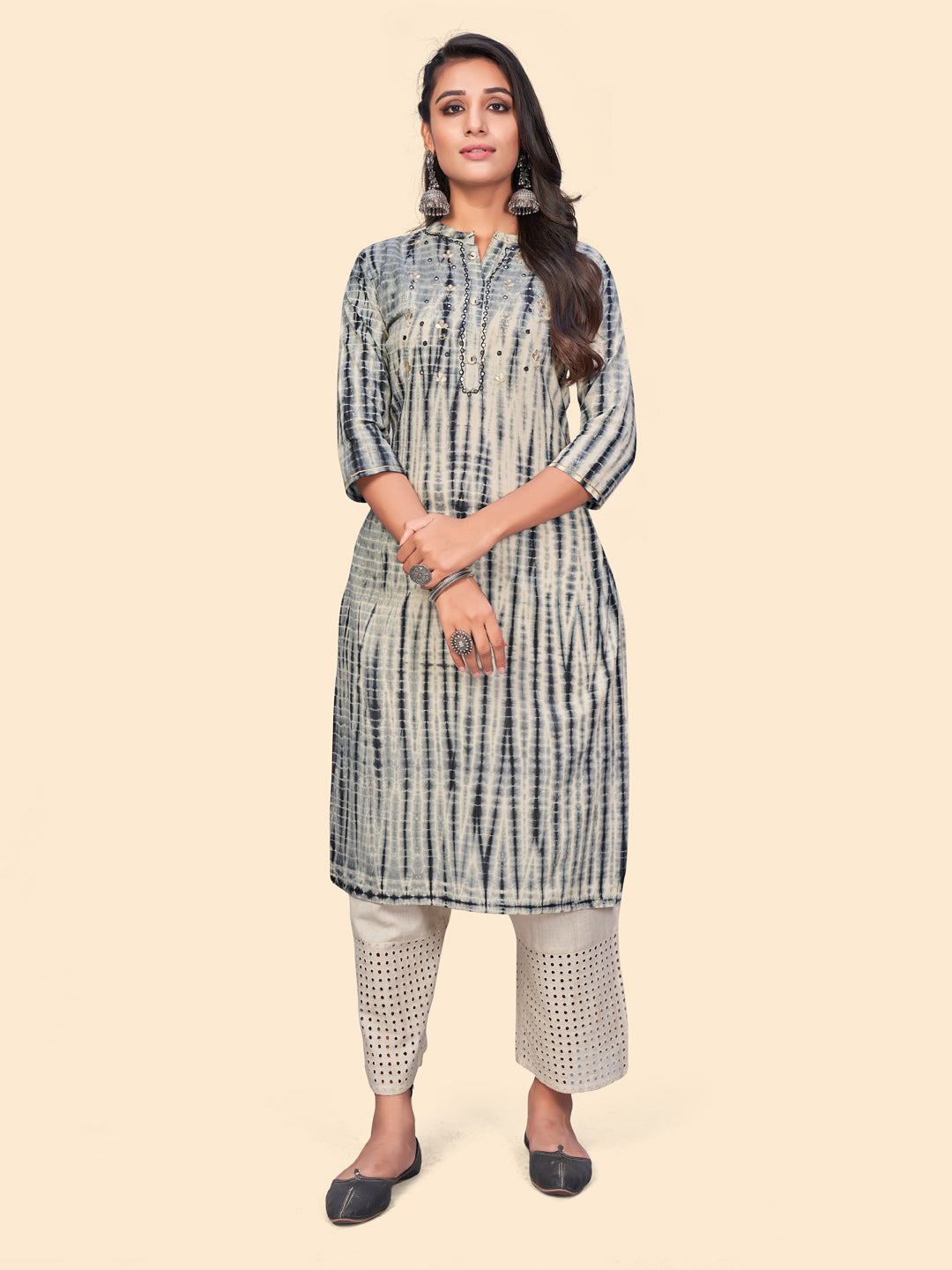 Women's Tie Dye Print & Gota Patti Straight Cotton Grey Stitched Kurta - Vbuyz